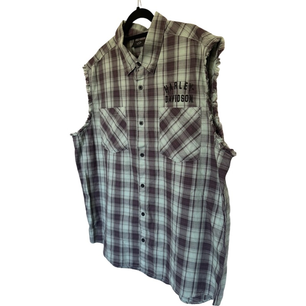 Harley Davidson Men's Green Gray Plaid Sleeveless Shirt